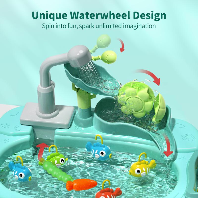 Geyiie Play Sink with Running Water for Toddlers, Includes Real Faucet, Kitchen Accessories, Fishing Toys and Waterwheel