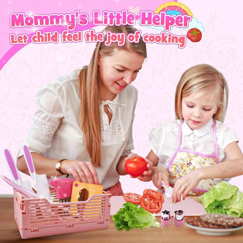 Girls Gifts Kids Knife Set for Real Cooking & Basket - Montessori Toys Kitchen Tools for Toddlers Kids Cooking Sets Real