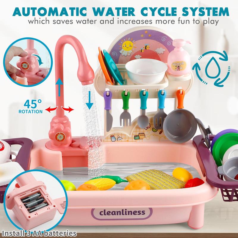 Play Sink with Running Water Toy Set for Kids - Educational Role Play with Realistic Pretend Dishes and Accessories