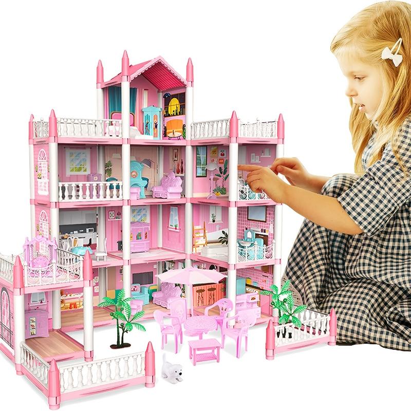 Doll set contains 11 rooms and furniture accessories. Pink children's doll house toy house DIY pretend games to build assembled toys, suitable for birthday gifts of girls aged 5, 6, 7, 8 and 9.