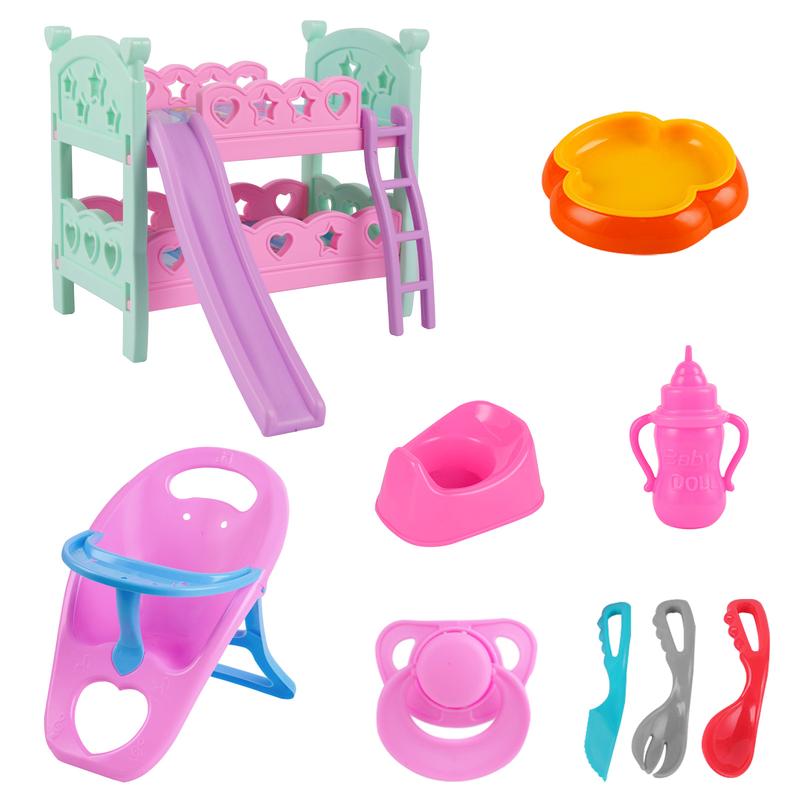 BABESIDE 9 Pcs Baby Doll Accessories Set, Baby Doll Care Set with Bunk Bed, High Chair, Feeding Set, Bottle, Pacifier, Baby Doll Pretend Play Set for 12 Inch Baby Doll Kids Gift