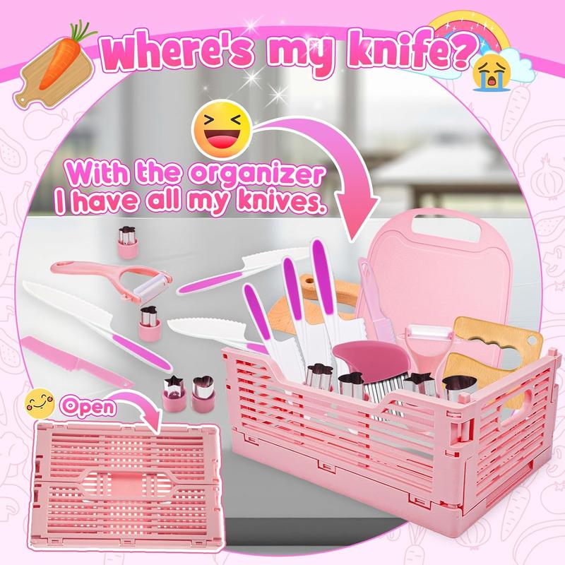 Girls Gifts Kids Knife Set for Real Cooking & Basket - Montessori Toys Kitchen Tools for Toddlers Kids Cooking Sets Real