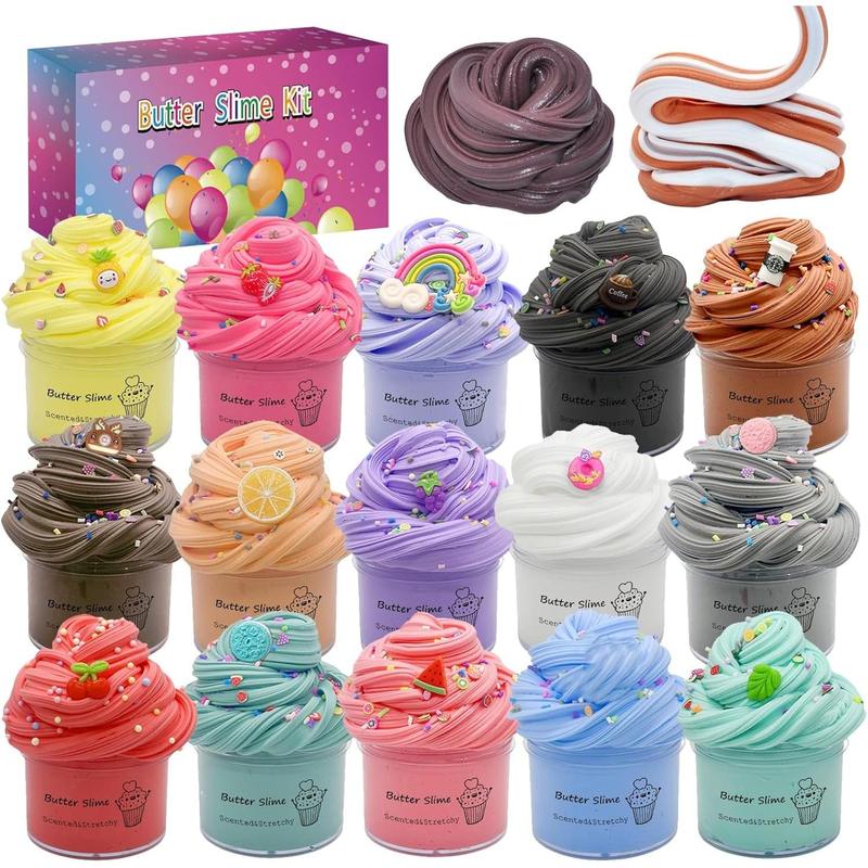 15 Pack Butter Slime Kit, with Mint Slime, Watermelon Coffee Lemon Rainbow and Cake Super Soft & Non-Sticky, Birthday Gifts for Girls Boys