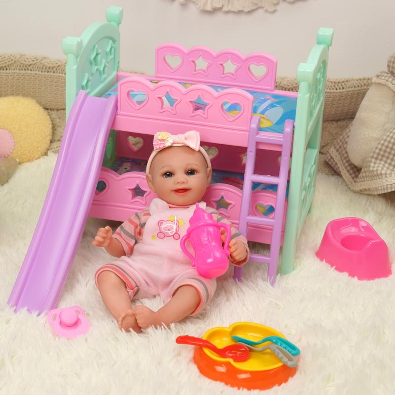 BABESIDE 9 Pcs Baby Doll Accessories Set, Baby Doll Care Set with Bunk Bed, High Chair, Feeding Set, Bottle, Pacifier, Baby Doll Pretend Play Set for 12 Inch Baby Doll Kids Gift