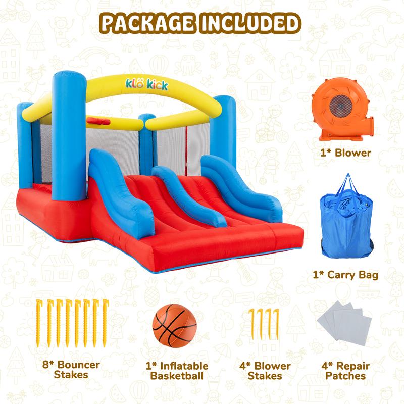 Birthday Present, Bounce House with Blower for Kids 3-6, Indoor Outdoor Bouncy House, Inflatable Bouncer with Double Slides, Basketball Hoop and Lagre Bounce Area, for Party, for 4 Kids (Red)