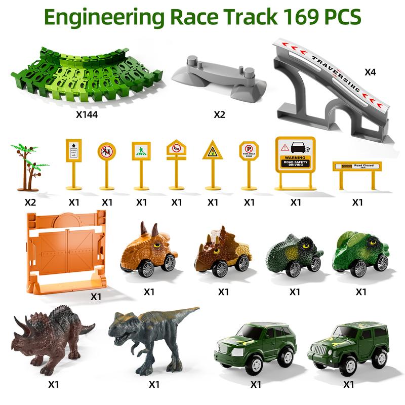 Dinosaur Toys Race Car Track 169 PCS, 2 Dino and Flexable Race Track Create A Dinosaur Road Toys, Dinosaur Toys with 6 PCS Christmas Gifts Dino Car