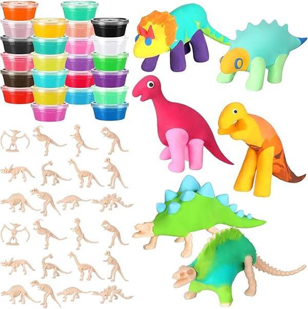 24 Pack Dinosaur DIY Craft 48 Pcs Build Dinosaur Craft Kit Decoration Air Dry Modeling Clay for Holiday Party DIY Gift Indoor Outdoor Decoration