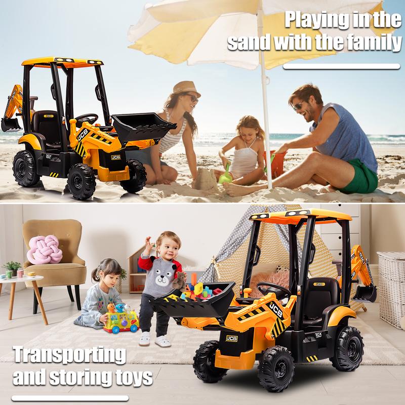 CoCLUB 12V Kids Ride on Excavator Digger Toy Cars, JCB Battery Powered Electric Tractor with Remote Control, Ride on Construction Truck w Adjustable Front and Back Loader for Boys Girls