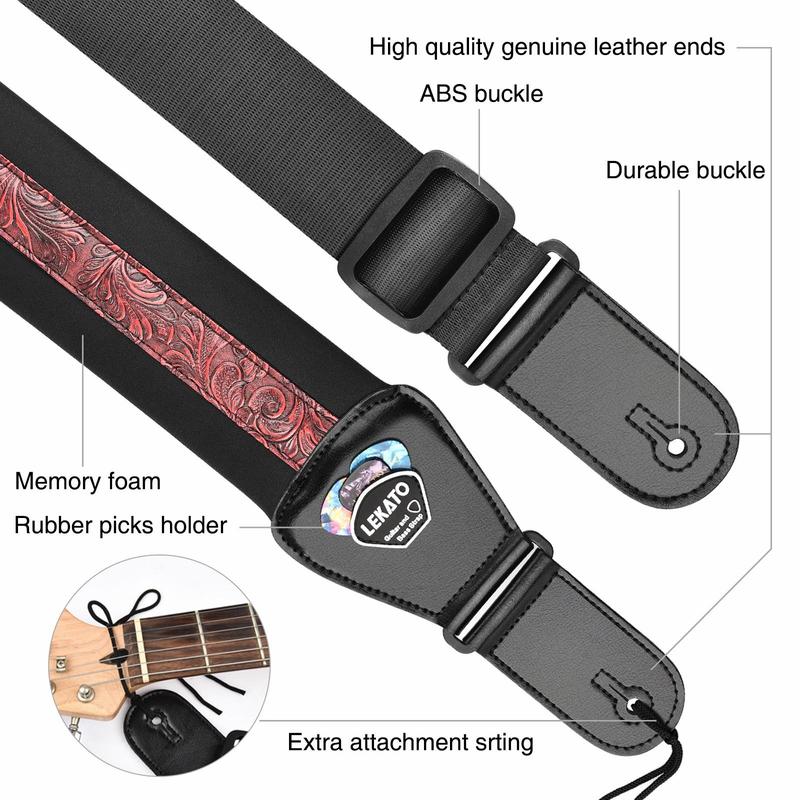 Lekato Bass Guitar Strap, Adjustable Length Padded, with Strap Locks & Picks, for Electric Guitar & Bass, Guitar Accessories