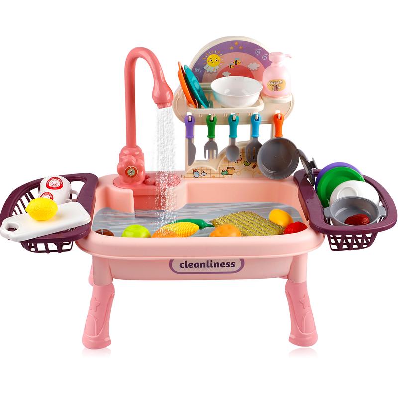 Play Sink with Running Water Toy Set for Kids - Educational Role Play with Realistic Pretend Dishes and Accessories