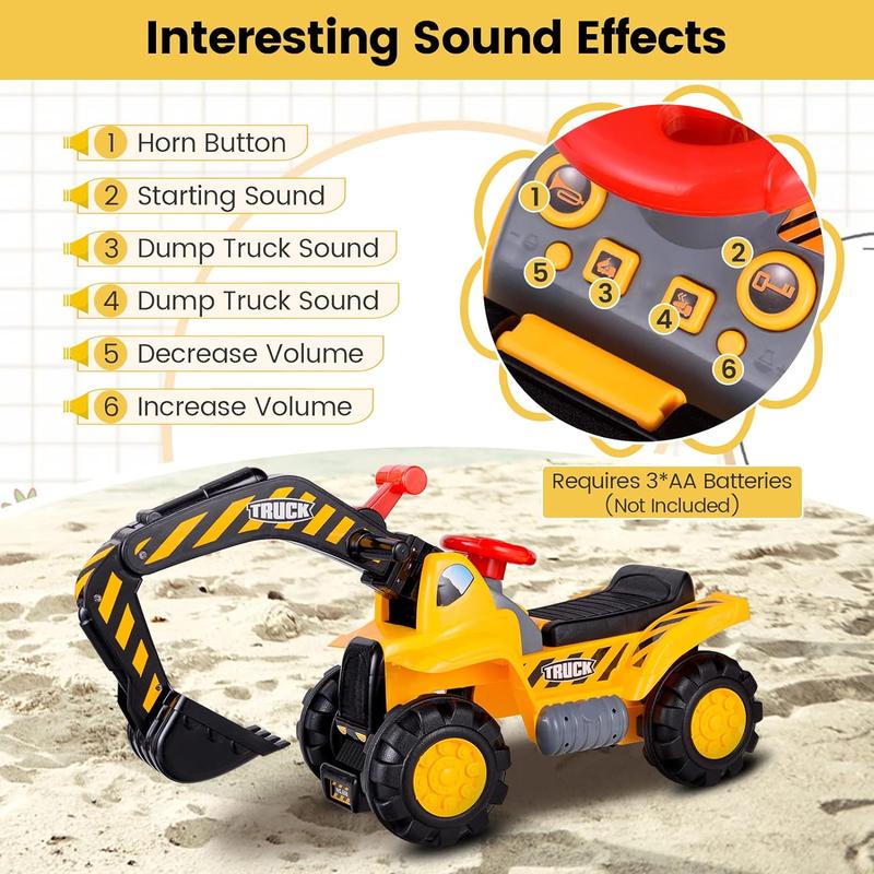 [ShopTab] Festival Joy Ride on Excavator, Construction Vehicles, Excavator Digger Bulldozer W Safety Helmet, 3 Rocks, Horn, Under-seat Storage,