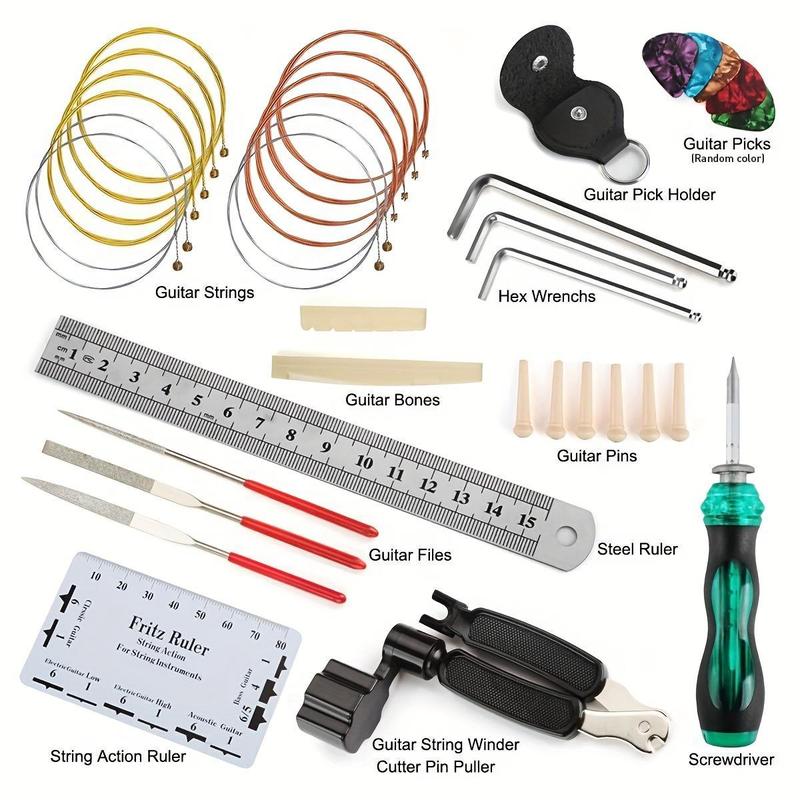 Guitar Repair Tool Kit, 26pcs Including Ruler, Polishing File, Screwdriver, Guitar Pads, Guitar Strings, Picks and Wrap String Tools, Guitar Maintenance and Repair Tool Set, Christmas Gift