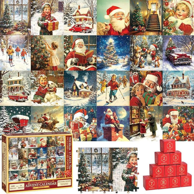 Puzzle Advent Calendar 2024, Advent Puzzles for Adults Kids 2024, 1008 Pieces Christmas Countdown Calendar 2024, Santa Claus Home Advent Calendar Jigsaw Puzzle christmas gift xmas decoration