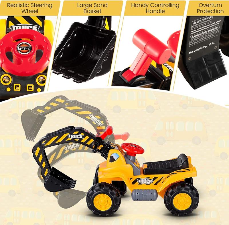 [ShopTab] Festival Joy Ride on Excavator, Construction Vehicles, Excavator Digger Bulldozer W Safety Helmet, 3 Rocks, Horn, Under-seat Storage,