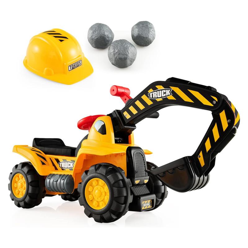 [ShopTab] Festival Joy Ride on Excavator, Construction Vehicles, Excavator Digger Bulldozer W Safety Helmet, 3 Rocks, Horn, Under-seat Storage,