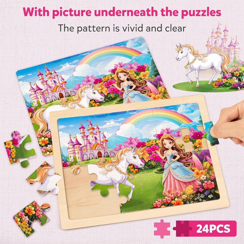 Large Unicorn Princess Fairy Wooden Puzzles for Girls Gift Box(12.2*9.4 in) - FSC Certified, 24 count Puzzles for Kids Ages 4-6, Puzzles for Toddlers 2-4, Unicorn Toys Gifts for 3 4 5 Year Old