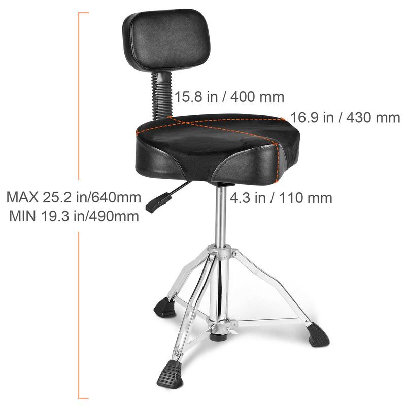 VEVOR Drum Throne with Backrest, 19.3-25.2 in 490-640 mm Height Adjustable, Hydraulic Saddle Padded Drum Stool Seat with Anti-Slip Feet Drumsticks 500 lbs 227 kg Max Capacity, 360°Swivel for Drummers