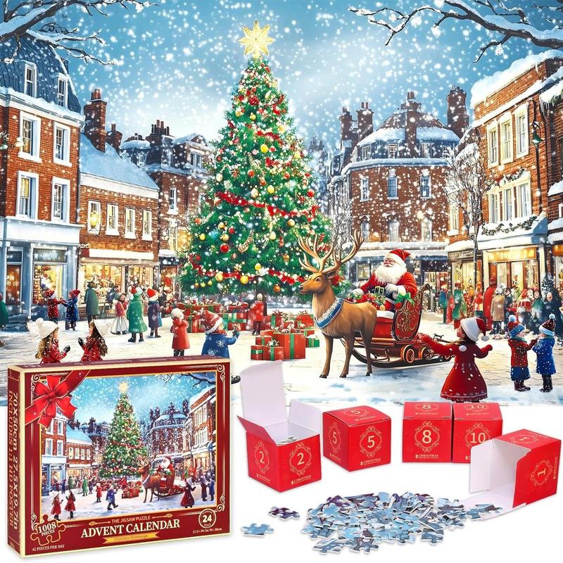 Puzzle Advent Calendar 2024, Advent Puzzles for Adults Kids 2024, 1008 Pieces Christmas Countdown Calendar 2024, Santa Claus Home Advent Calendar Jigsaw Puzzle christmas gift xmas decoration