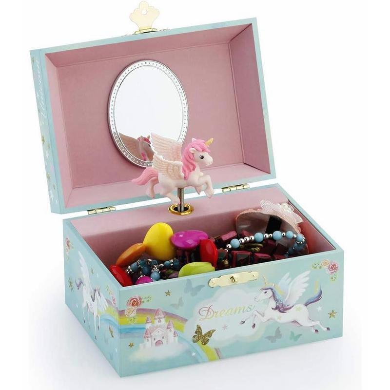 Blue Musical Jewelry Box for Little Girls - Glitter, Spinning Unicorn, Rainbow. Plays Blue Danube.