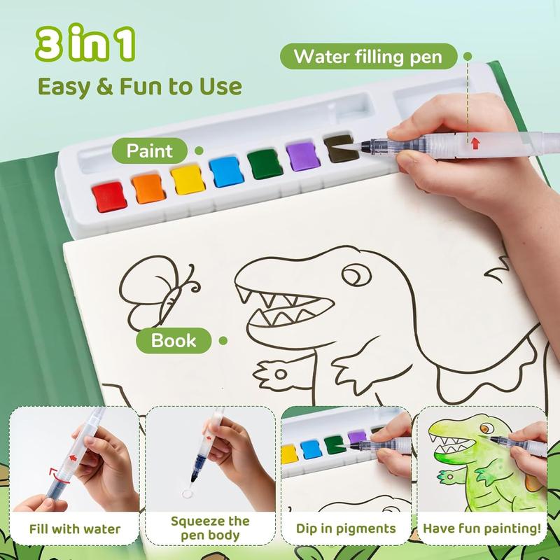 Paint with Water Coloring Books for Toddlers, Watercolor Painting Sets for Kids Ages 2-4, 4-8, Dinosaur Arts and Crafts Birthday Presents for Boys Girls (Green)