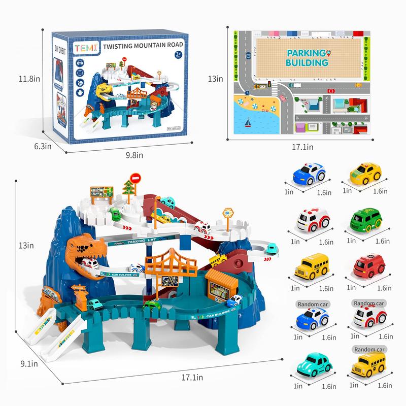 Dinosaur Race Track Playset, City Car Garage Parking Adventure Toy with 10 Mini Cars, Ramp Playset Educational Toy for Preschool