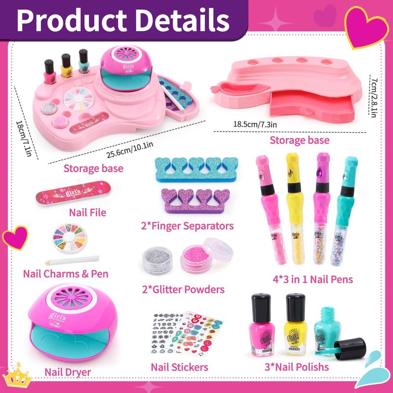 Nail Polish Set Toy Pretend Play for Girls Nail Art Kit 3-in-1 with Nail Dryer&Hand Massage Spa Kit, Manicure Salon Studio Stuff Birthday Thanksgiving Christmas Gifts