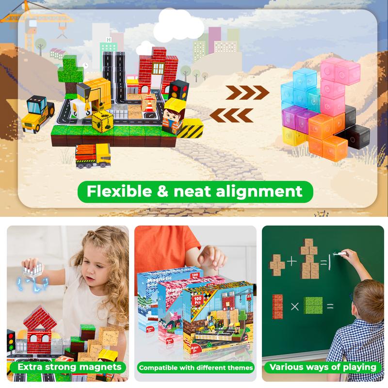 Magnetic Blocks-100PCS Magnetic Building Blocks, Magnetic Blocks Road Magnetic Tiles with Car STEM Toddler Kids Toys, Construction Toys for Kids