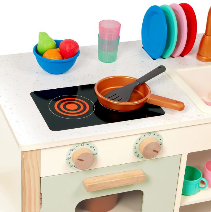 Battat Two n' One Wooden Kitchen Café with 30 Cooking Toys and Chalkboard