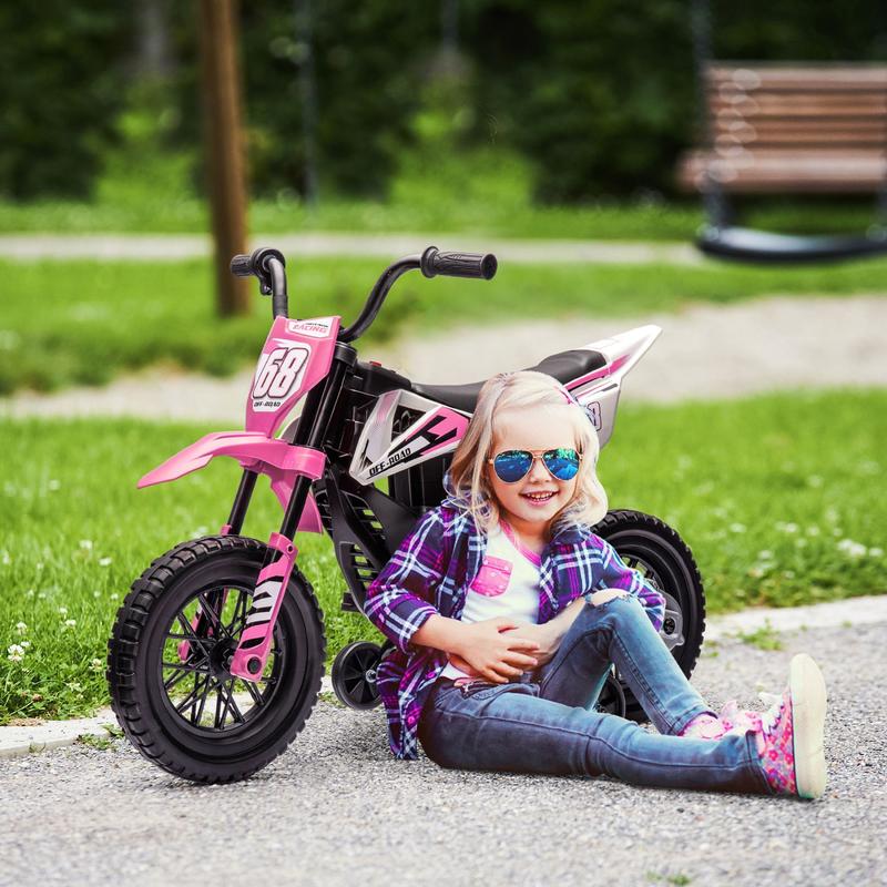 Kids Dirt Bike with Twist Grip Throttle, 12V Electric Motorcycle, Electric Bike for Toddler with Training Wheels, Rear Suspension & Music for Ages 3-6 Years, Pink