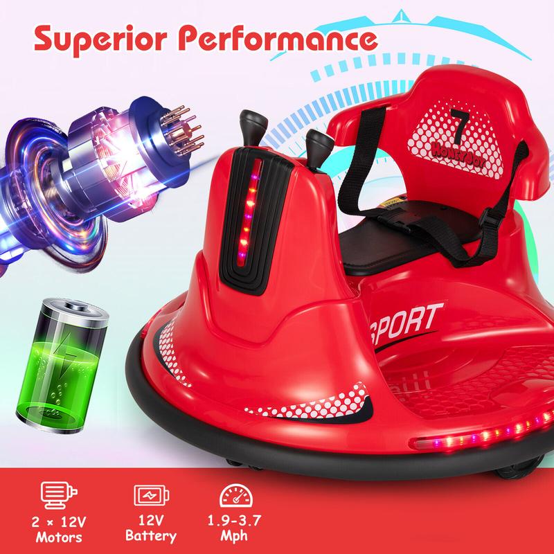 Exdeerjoy Kids Bumper Car, 12V Electric Bumping Car with Remote Control, 360° Spin, Safety Belt, LED Lights & Sounds, Baby Ride-on Bumping Toy Gift for Children 37-95 Months Old,Red