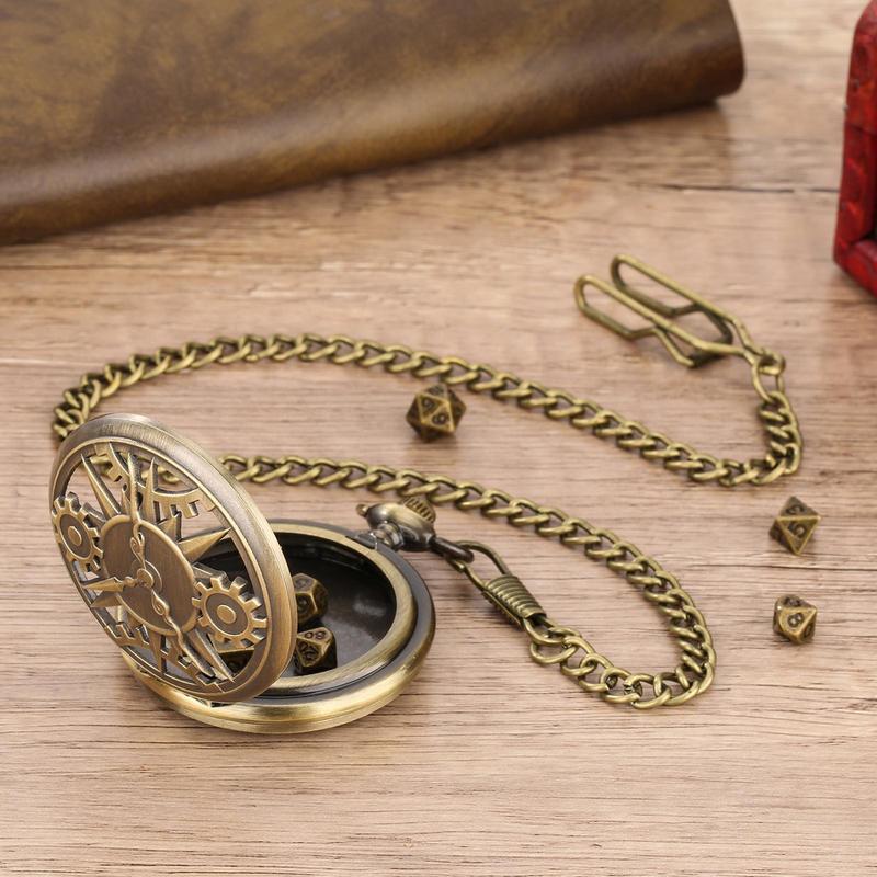 Bronze Steampunk Hollow Out Pocket Watch Shell Case with 7 Dice Set, Dungeons and Dragons Dice Toys with Gift Box, Role Playing Board Games Accessories