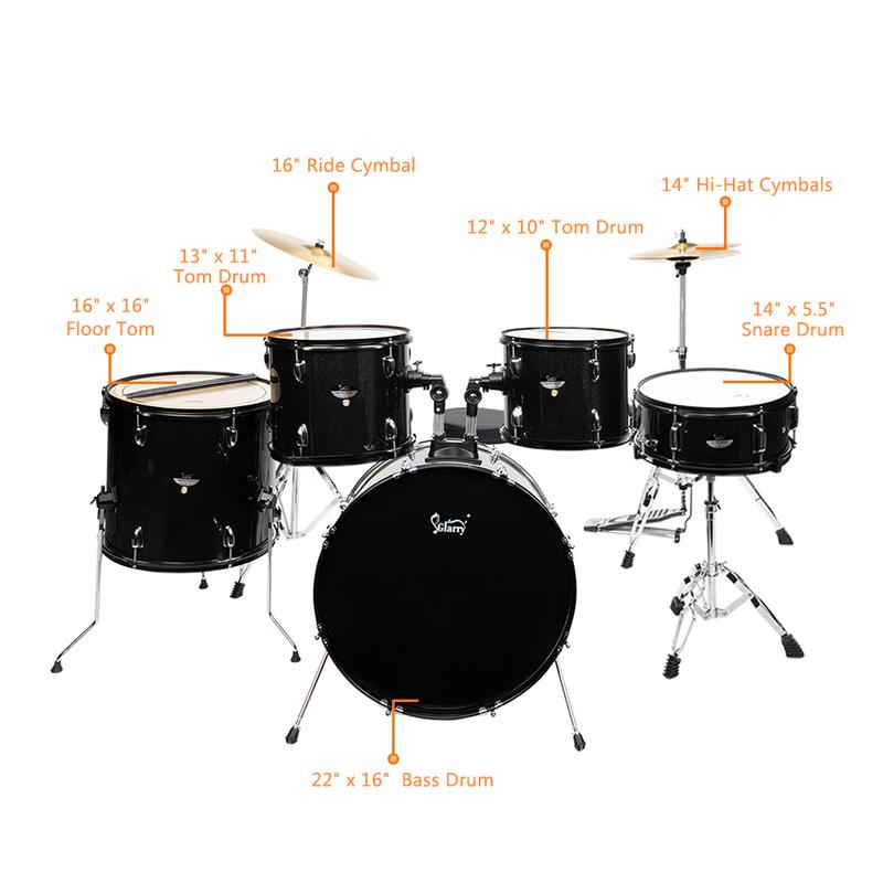 VINCIGO Full Size Adult Drum Set, 5PCS Percussion Instruments with Bass Drum two Tom Drum Snare Drum Floor Tom 16