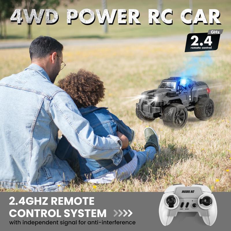 Monster Large RC Car, 1:14 RC Car with Spray and LED Lights, Good for 120 Minutes of Play Time, 2.4GHz Monster Truck with Spare Tire, All Terrain Off-Road Jeep, Cool Toy Gift