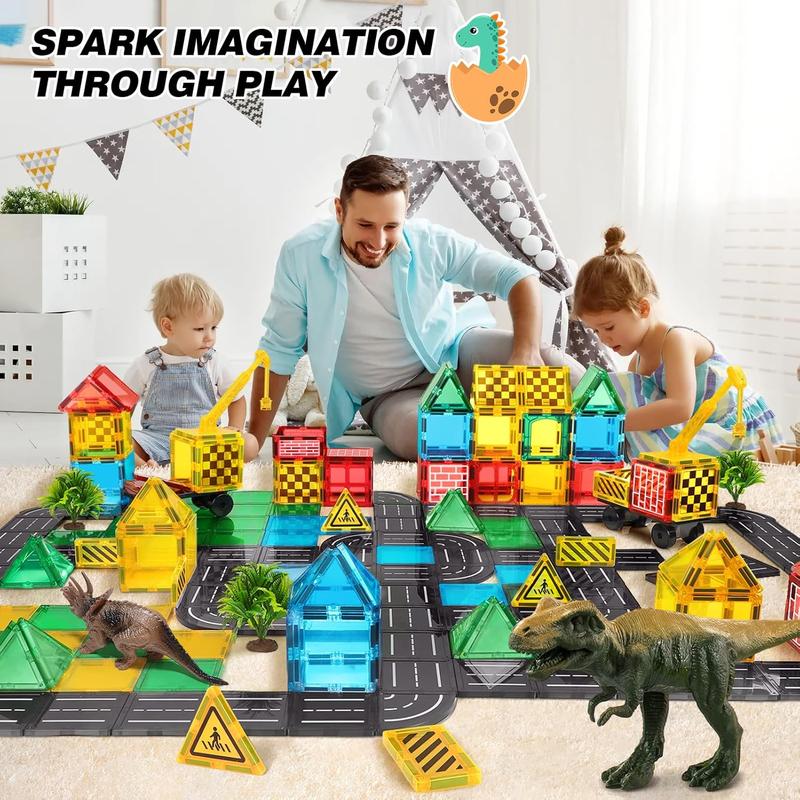 Christmas Magnetic Tiles Road Building Blocks - Magnet Crane Car Set for Kids Preschool City Construction Kids Games Dinosaur Toddler Toys for 3+ Year Old Boys Girls Christmas Birthday Gifts