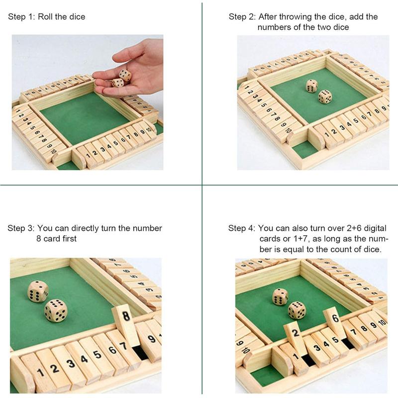 Wooden Shut The Box Game (2-4 Players) - Large 4 Sided Board, 2 Dice - Wooden Board Table Math Game Amusing Addition Game for Kids & Adults, 9 Inch