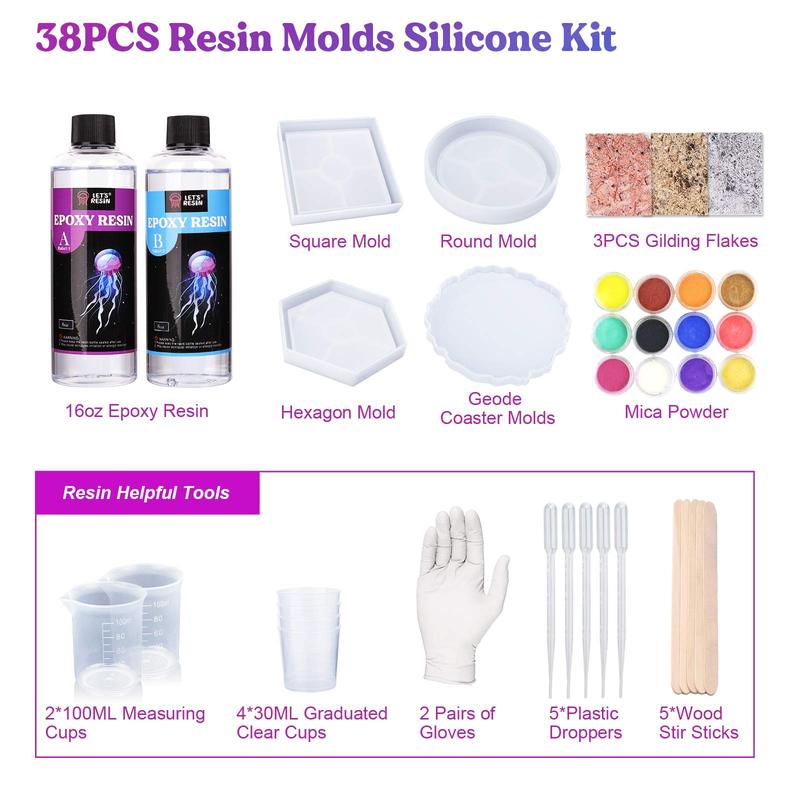 16oz Epoxy Resin Coaster Molds Kit for Beginners,Include Epoxy Resin,Coaster Molds, and Mica Powder for Resin Casting, Ideal Christmas Gift Set - LET'S RESIN