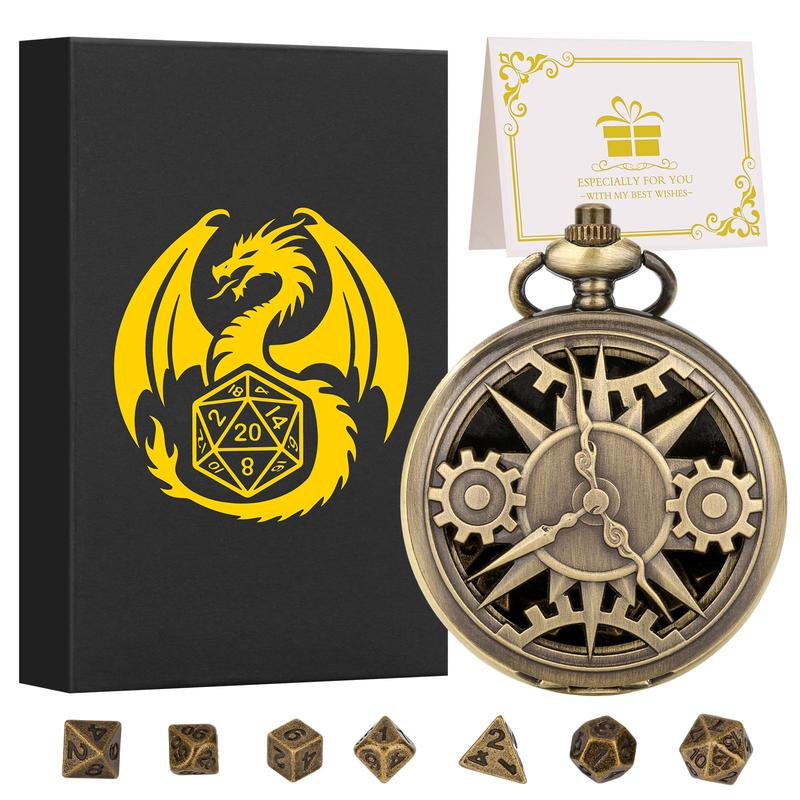 Bronze Steampunk Hollow Out Pocket Watch Shell Case with 7 Dice Set, Dungeons and Dragons Dice Toys with Gift Box, Role Playing Board Games Accessories