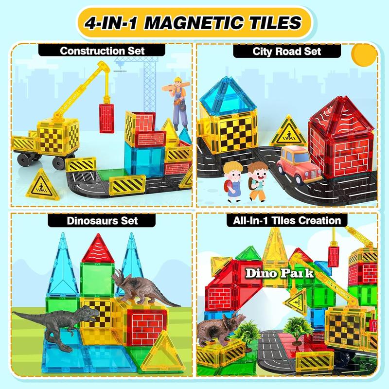 Christmas Magnetic Tiles Road Building Blocks - Magnet Crane Car Set for Kids Preschool City Construction Kids Games Dinosaur Toddler Toys for 3+ Year Old Boys Girls Christmas Birthday Gifts