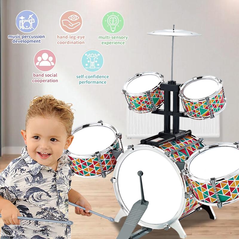 Children Kids JAZZ Drum Set with Stool Pedal for Toddler Toys - 5 Drums Musical Instruments for Early Education and Christmas Gift for Girls and Boys