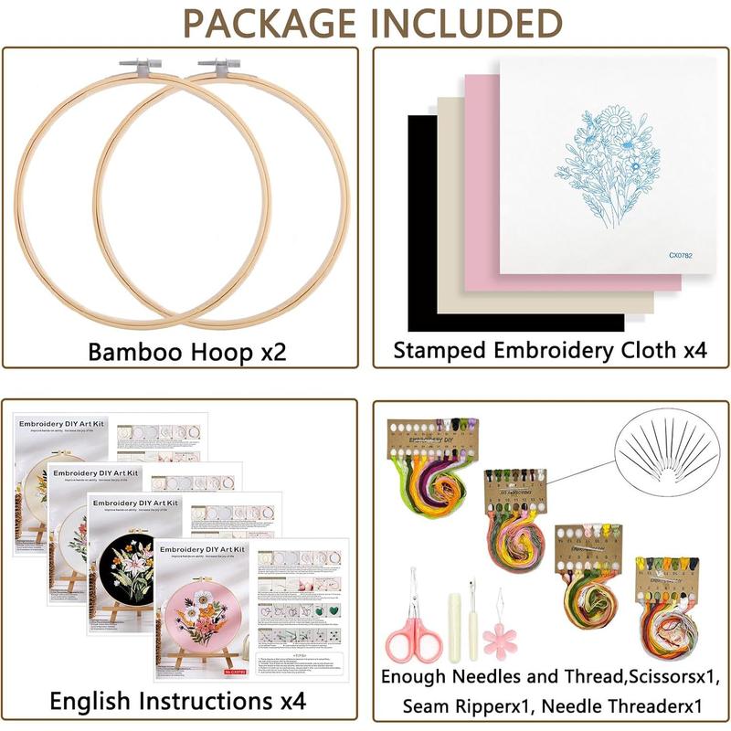 Picoey Flower Embroidery Kit for Beginners with Pattern and Instructions,4 Pack Cross Stitch Kits,2 Wooden Embroidery Hoops,Threads and Needles,Needlepoint Kit for Adults