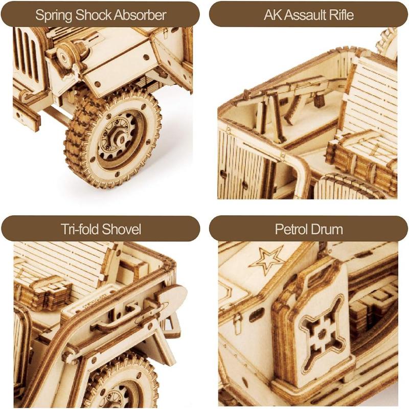 Robotime ROKR 3D Wooden Puzzle for Adults-Mechanical Car Model Kits-Brain Teaser Puzzles-Vehicle Building Kits-Unique Gift for Kids on Birthday Christmas Day(1:18 Scale)(MC701-Army Field Car) 3 d