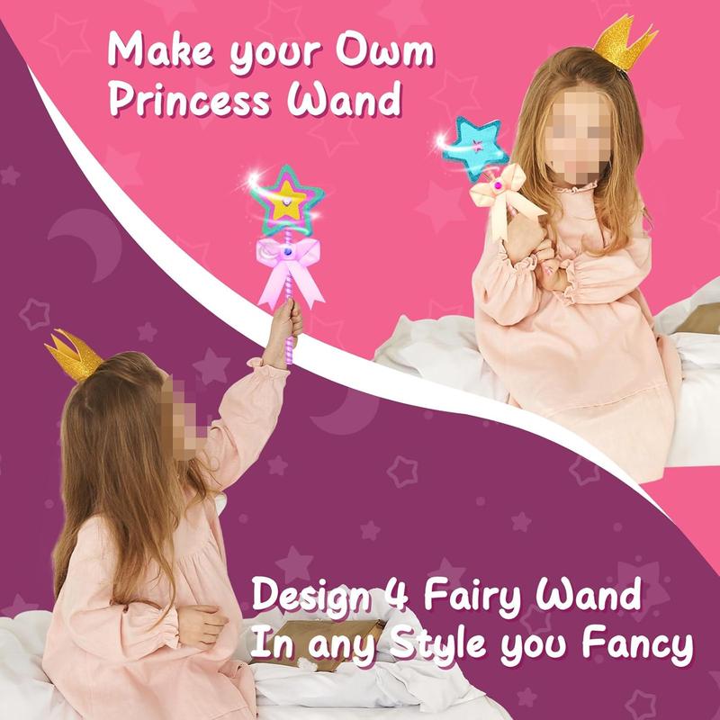 4PCS Thick Wooden Fairy Wands, Make Your Own Princess Wand Craft Kit with Gem Stickers & Ribbons, Art Kits for Kids, Painting Crafts Birthday Holiday Gifts for Girls