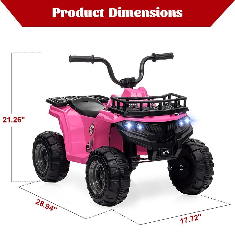 12V Ride On Electric ATV for Kids, 4 Wheeler Quad Play Car with High Low Speed, Treaded Tires, Rubber Handles, LED Lights, Gift for Boys & Girls, Available in Red, Orange, and Purple