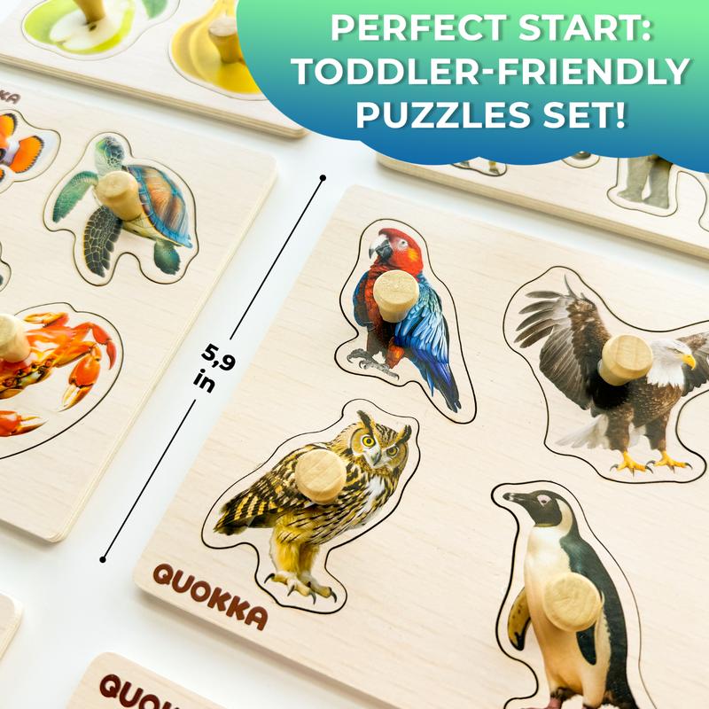 QUOKKA 6 Set Realistic Wooden Puzzles for Toddlers | Animals, Fruits & Insects