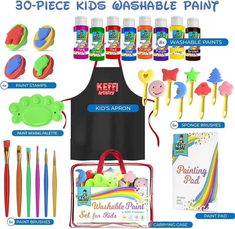 Washable Paint Set for Kids and Toddler - Finger Painting Kit for Toddlers with Non Toxic Washable Tempera, Apron & More Arts Crafts Supplies - 30Pcs