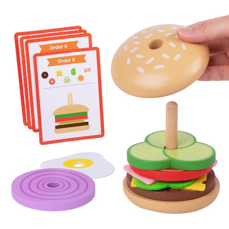 Montessori Hamburger Stacking Toys, Wooden Burger Toy Play Food Toys for Kids, Fine Motor Toys for , Fake Food Hamburger Toys with Order Cards