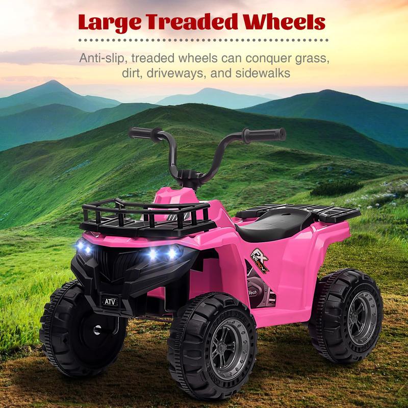 12V Ride On Electric ATV for Kids, 4 Wheeler Quad Play Car with High Low Speed, Treaded Tires, Rubber Handles, LED Lights, Gift for Boys & Girls, Available in Red, Orange, and Purple