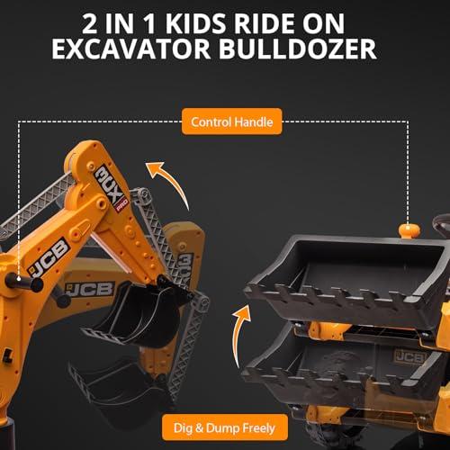 4 in 1 Ride on Excavator & Bulldozer, 12V Battery Powered Electric Vehicle with Remote Control, Front Loader, Digger, Horn, Adjustable Seat, EVA Tires, Removable Tent, Multiple Colors