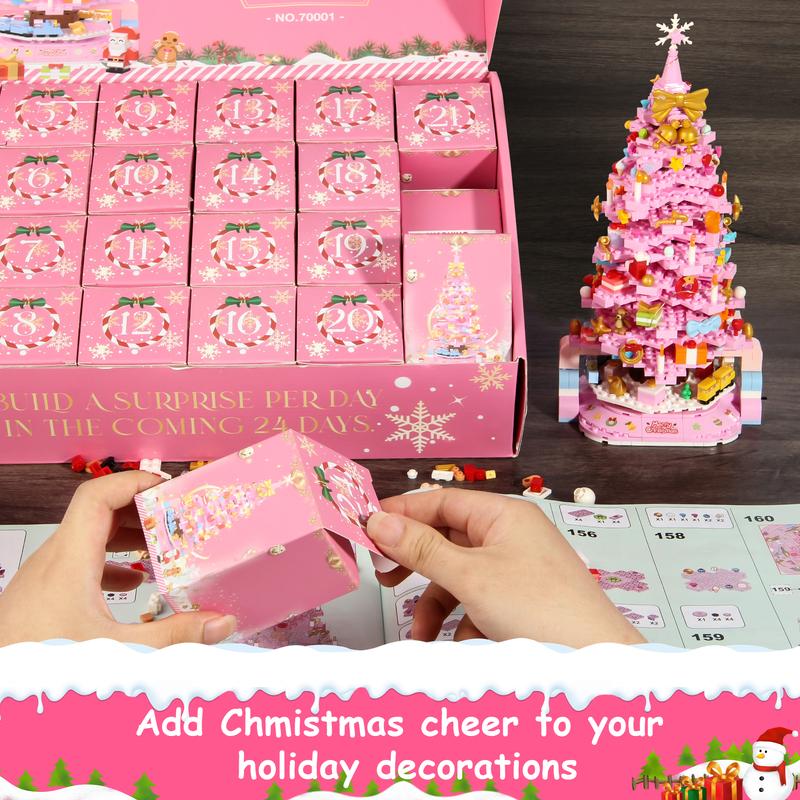 TOKMOC 2024 Rotatable Train Christmas Tree Building Block Set,Pink and Green,24 Days DIY Advent Calendar Surprise Christmas Countdown Mini Building Block Architecture,Christmas Gift and Home Decoration,For aged 12 and above,70001,1188 Pieces