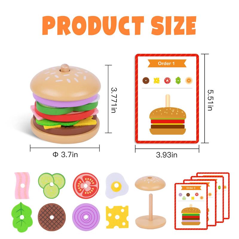 Montessori Hamburger Stacking Toys, Wooden Burger Toy Play Food Toys for Kids, Fine Motor Toys for , Fake Food Hamburger Toys with Order Cards